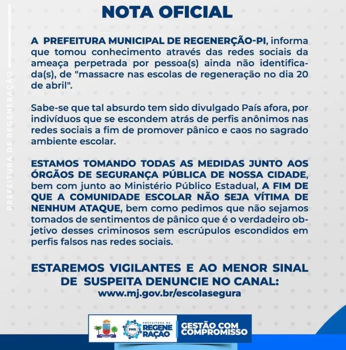 Perfil - falso - no - instagram - faz - ameaça - ataques - em - escolas - de - Regeneração Na-imagem-nota -publicada- Prefeitura - divulgou - uma - nota - para – tranquilizando - alunos - e professores.