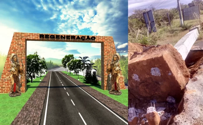 Na - imagem - a - coluna - de - sustentação - do – Portal - da - entrada - de – Regeneração- no – chão - do - lado – esquerdo - o - projeto - original - de - como - deveria - ter – sido – levantado - o - portal - indígena – de - entrada - da - cidade - sonhado - pelo - ex-- Secretário - de Cultura - de – Regeneração - o - músico - Luiz – Santos