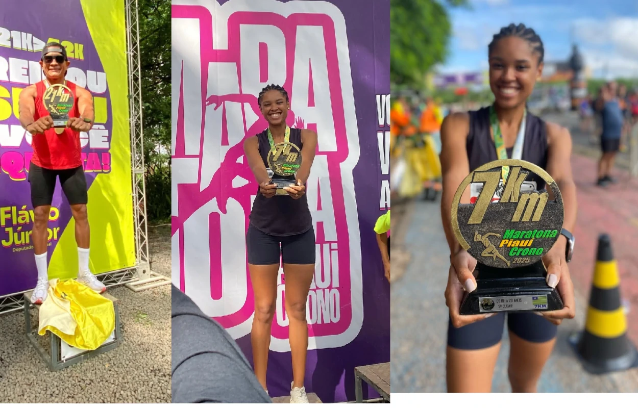 A-imagem-mostra-maratonistas-exibindo-com-orgulho-seus-troféus-entre-eles-Elisiane-Alves-campeã-da-maratona-de-42-km-no-feminino-com-tempo-de-3h33min29s