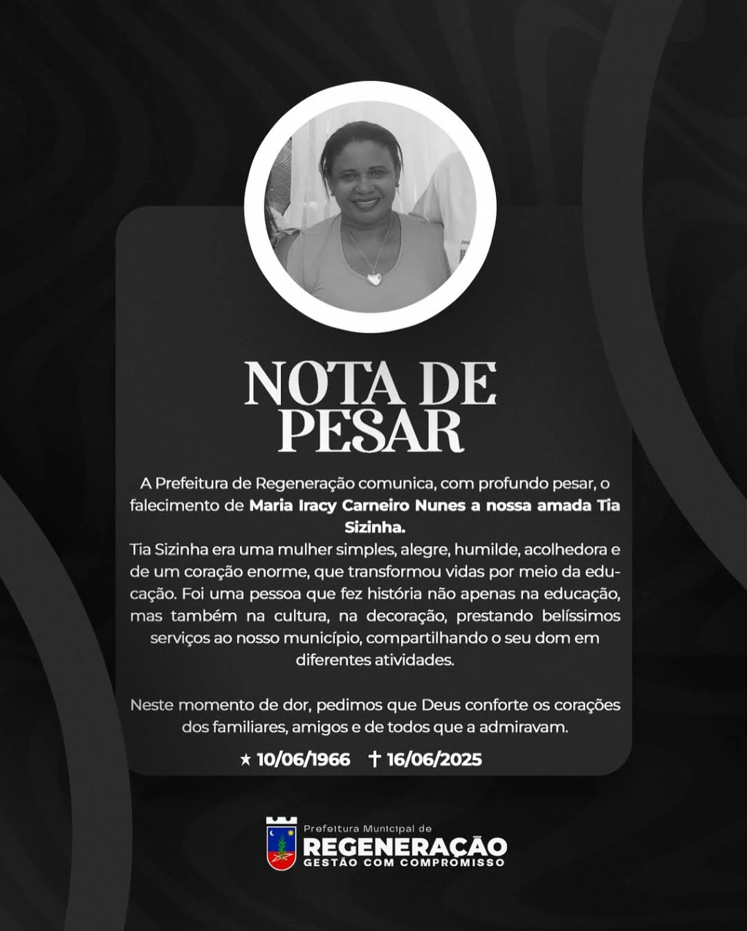 A-imagem-mostra-uma-nota-de-pesar-da-divulgada-pela-prefeitura-de-Regeneração-pela-morte-da-professora-de-Tia-Sizinha