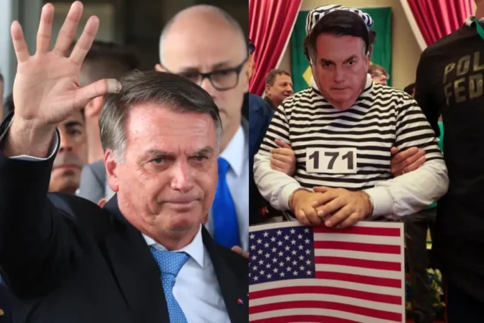 Jair-Bolsonaro-é-alvo-de-operação-da-PF-e-sente-o-gosto-amargo-da-cadeia-ex-presidente-é-obrigado-a-usar-tornozeleira-eletrônica. Imagem-do-ex-presidente-Jair-Bolsonaro-durante-declaração-à-imprensa-após-virar-Réu-no-STF-e-Pessoa-com-fantasia-uma-máscara-de-Bolsonaro-Fotomontagem- com-fotos-dos-fotógrafos-Lula-Marques/-e-Paulo-Pinto/Agência-Brasil