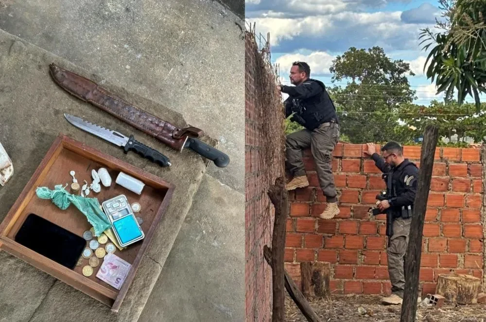 Na-imagem-policiais-pulando-um-muro-atras-de-uma-do-suspeito-Um-dos-homens-tentou-fugir-da-polícia-mas-foi-capturado-durante-a-ação-em-Jardim-do-Mulato.