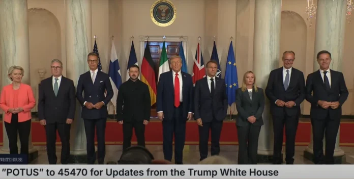 Reunião-histórica-na-Casa-Branca-reúne-Zelensky-Trump-e-líderes-europeus-negociações-em-busca-da-paz-para-a-Ucrânia-Na-imagem-além-de-Zelensky- e-Trump- estão- Emmanuel Macron-(França)-Friedrich-Merz-(Alemanha)-Keir-Starmer-(Reino-Unido)-Giorgia-Meloni-(Itália)-Alexander-Stubb-(Finlândia)-Ursula-von-der-Leyen-(Comissão-Europeia)-e-Mark-Rutte-(Otan)