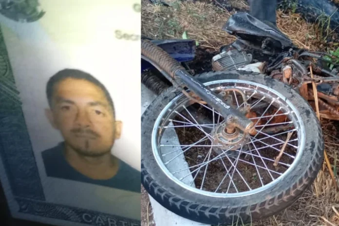 Tragédia-em-Angical-homem-morre-após-colisão-entre-moto-caminhonete-e-carreta Na-imagem-motocicleta-da-vítima-Gilmar-da-Silva-Araújo-moto-pegou-fogo-e-ficou-completamente-destruída-queimada-na-BR